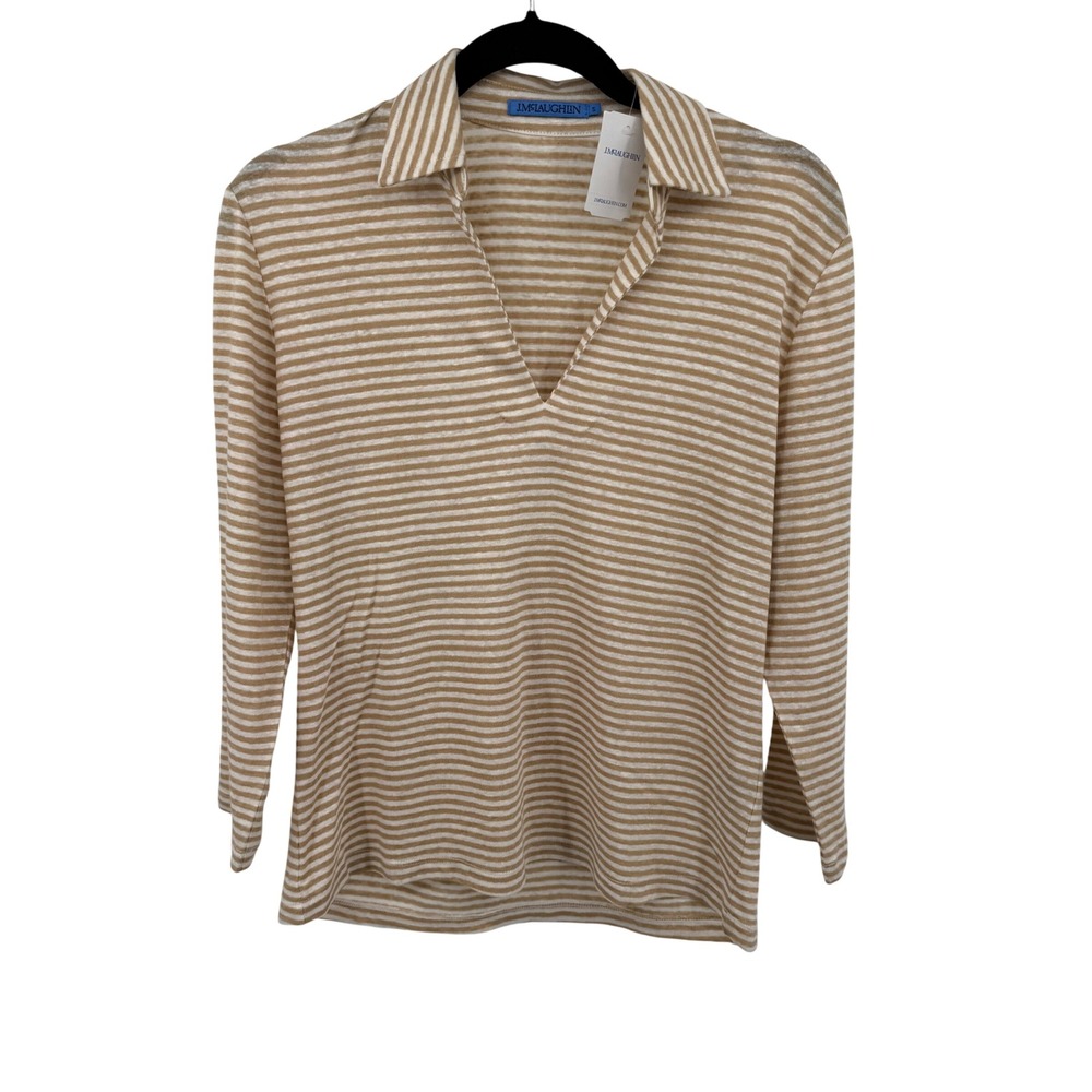 J.McLaughlin Aida Knit‎ Top Women S Tan White New Striped Linen Blend V-Neck